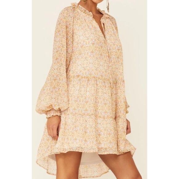 Show Me Your Mumu Paisley Birdie Yellow Mini Dress Long Sleeve Boho Small T21 - Picture 3 of 8